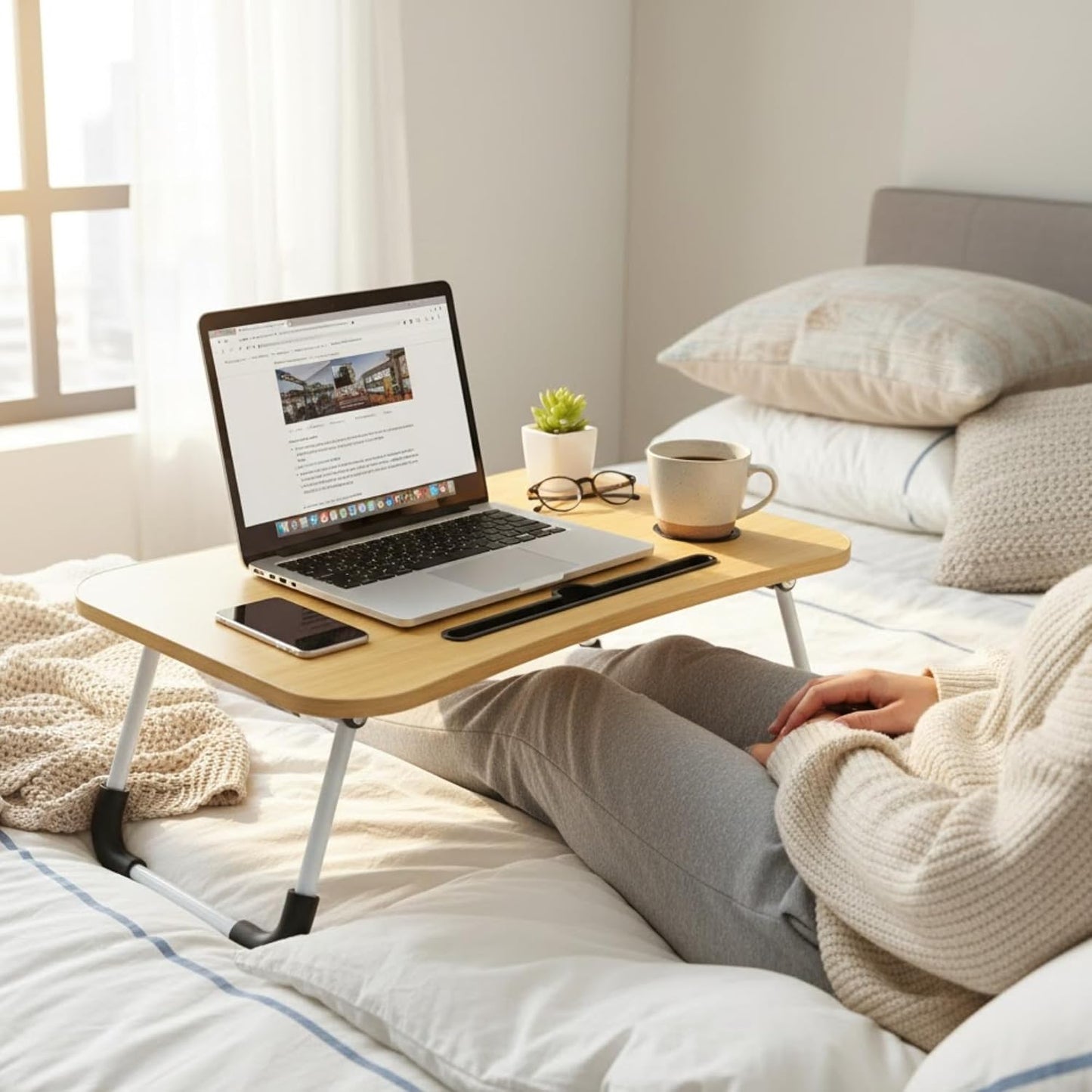 Foldable Laptop Table, Bed Table – Bed Desk Stand with Foldable Legs & Cup Slot Notebook Stand Computer Laptop Bed Table Laptops Tray for Sofa Bed (Oak Wood)