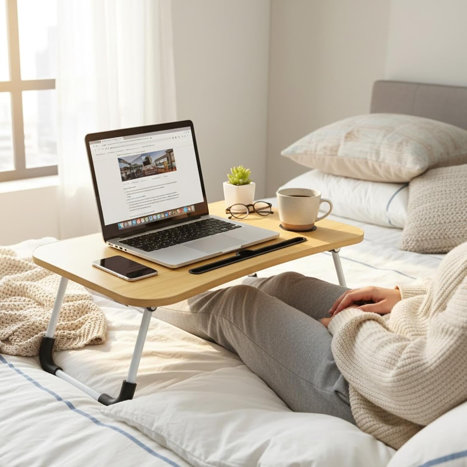 Foldable Laptop Table, Bed Table – Bed Desk Stand with Foldable Legs & Cup Slot Notebook Stand Computer Laptop Bed Table Laptops Tray for Sofa Bed (Oak Wood)