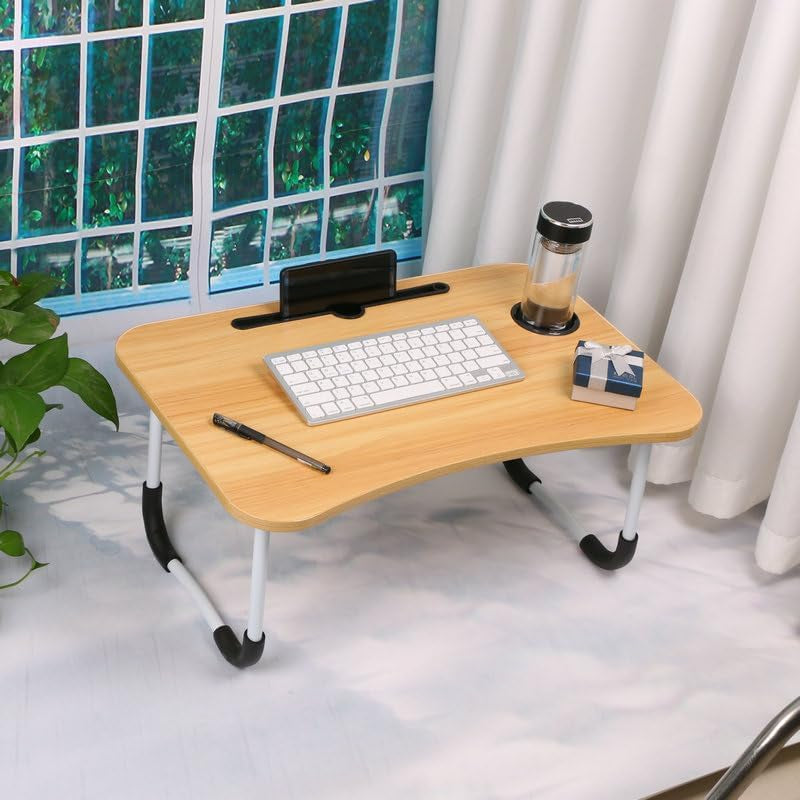 Foldable Laptop Table, Bed Table – Bed Desk Stand with Foldable Legs & Cup Slot Notebook Stand Computer Laptop Bed Table Laptops Tray for Sofa Bed (Oak Wood)