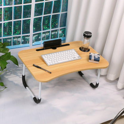 Foldable Laptop Table, Bed Table – Bed Desk Stand with Foldable Legs & Cup Slot Notebook Stand Computer Laptop Bed Table Laptops Tray for Sofa Bed (Oak Wood)