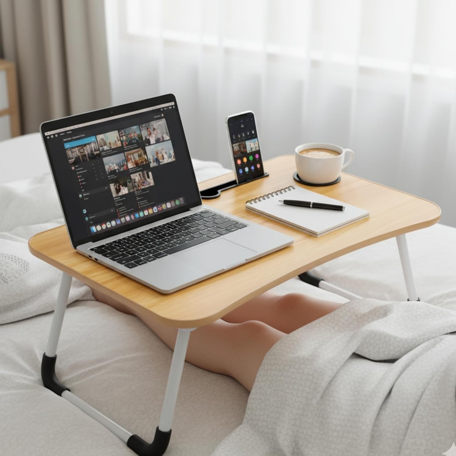 Foldable Laptop Table, Bed Table – Bed Desk Stand with Foldable Legs & Cup Slot Notebook Stand Computer Laptop Bed Table Laptops Tray for Sofa Bed (Oak Wood)