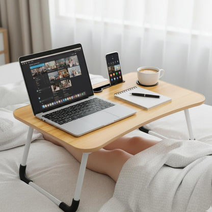 Foldable Laptop Table, Bed Table – Bed Desk Stand with Foldable Legs & Cup Slot Notebook Stand Computer Laptop Bed Table Laptops Tray for Sofa Bed (Oak Wood)