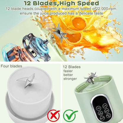Portable Blender, 530Ml Fruit Smoothie Blender, Cordless Mini Blender, Rechargeable Portable Juicer Cup Strong Cutting Power with 12 Blades, for Home, Sport, Office