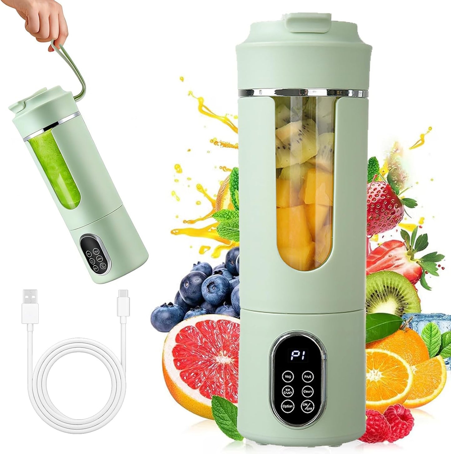 Portable Blender, 530Ml Fruit Smoothie Blender, Cordless Mini Blender, Rechargeable Portable Juicer Cup Strong Cutting Power with 12 Blades, for Home, Sport, Office