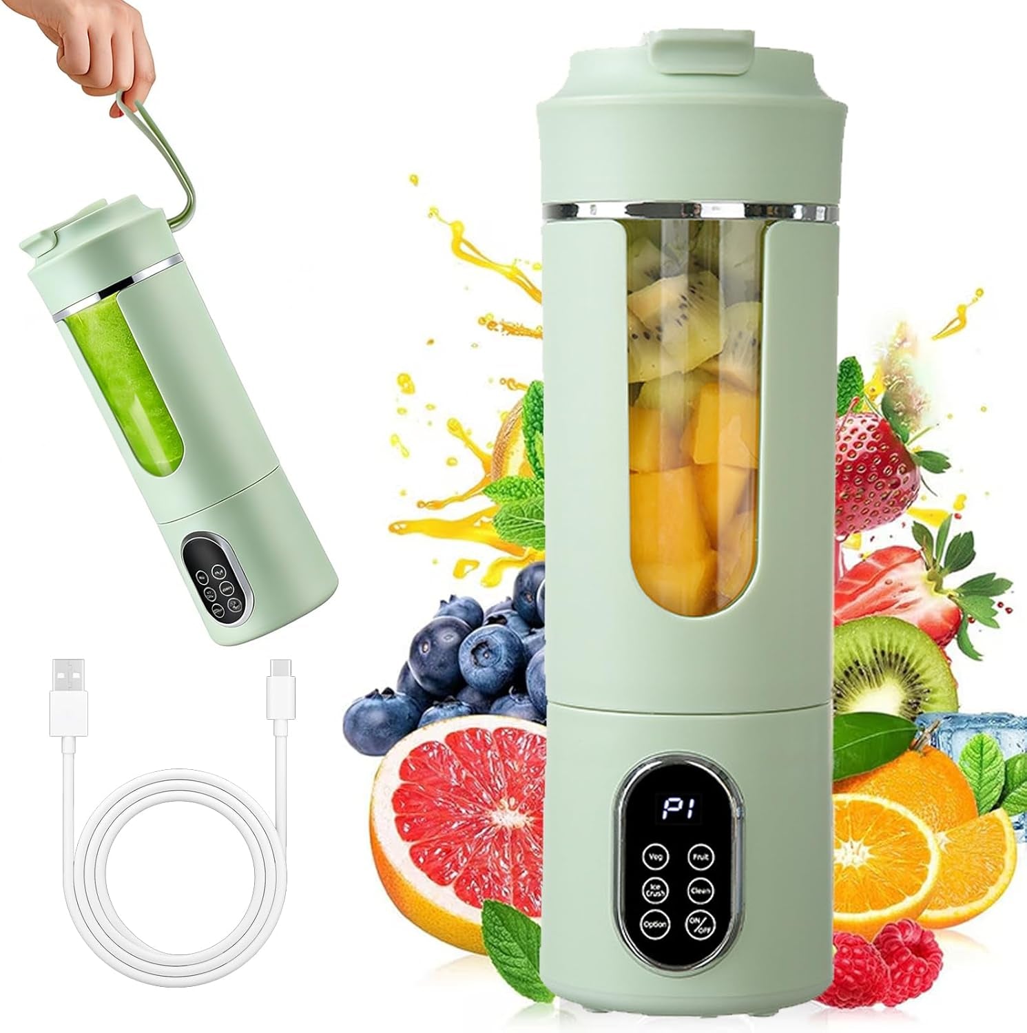 Portable Blender, 530Ml Fruit Smoothie Blender, Cordless Mini Blender, Rechargeable Portable Juicer Cup Strong Cutting Power with 12 Blades, for Home, Sport, Office