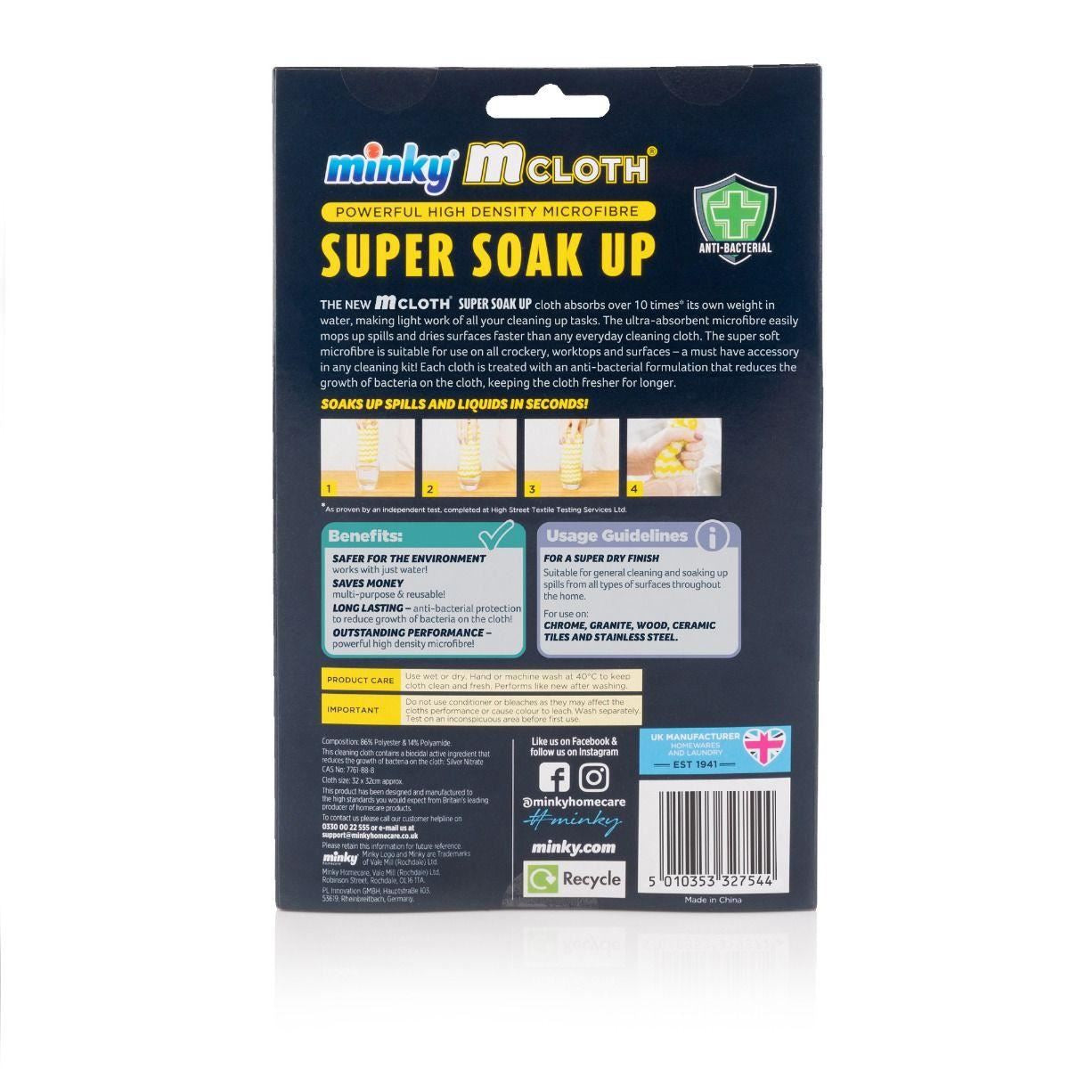 Minky M Cloth Super Soak up Microfibre Cloths Anti-Bacterial Cleaning Pads