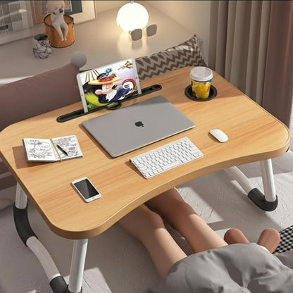 Foldable Laptop Table, Bed Table – Bed Desk Stand with Foldable Legs & Cup Slot Notebook Stand Computer Laptop Bed Table Laptops Tray for Sofa Bed (Oak Wood)
