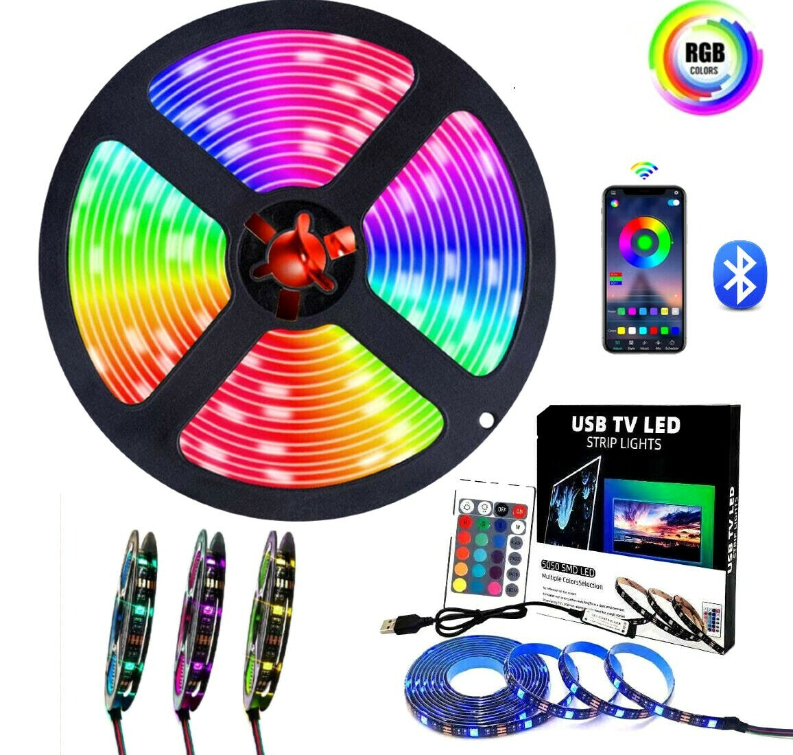 LED Strip Lights 1- 5M RGB 5050 Colour Changing Tape Cabinet Kitchen TV Lighting