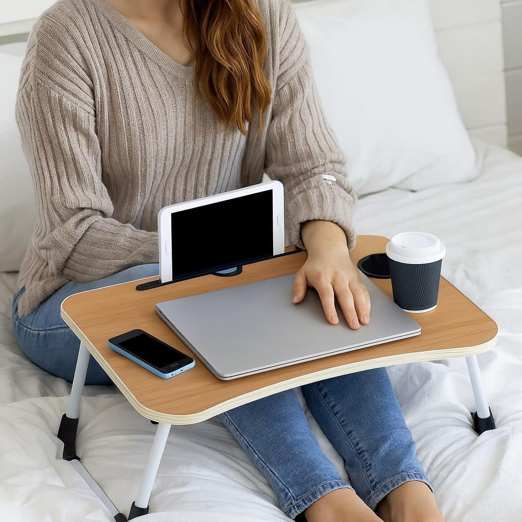 Foldable Laptop Table, Bed Table – Bed Desk Stand with Foldable Legs & Cup Slot Notebook Stand Computer Laptop Bed Table Laptops Tray for Sofa Bed (Oak Wood)