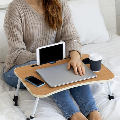 Foldable Laptop Table, Bed Table – Bed Desk Stand with Foldable Legs & Cup Slot Notebook Stand Computer Laptop Bed Table Laptops Tray for Sofa Bed (Oak Wood)