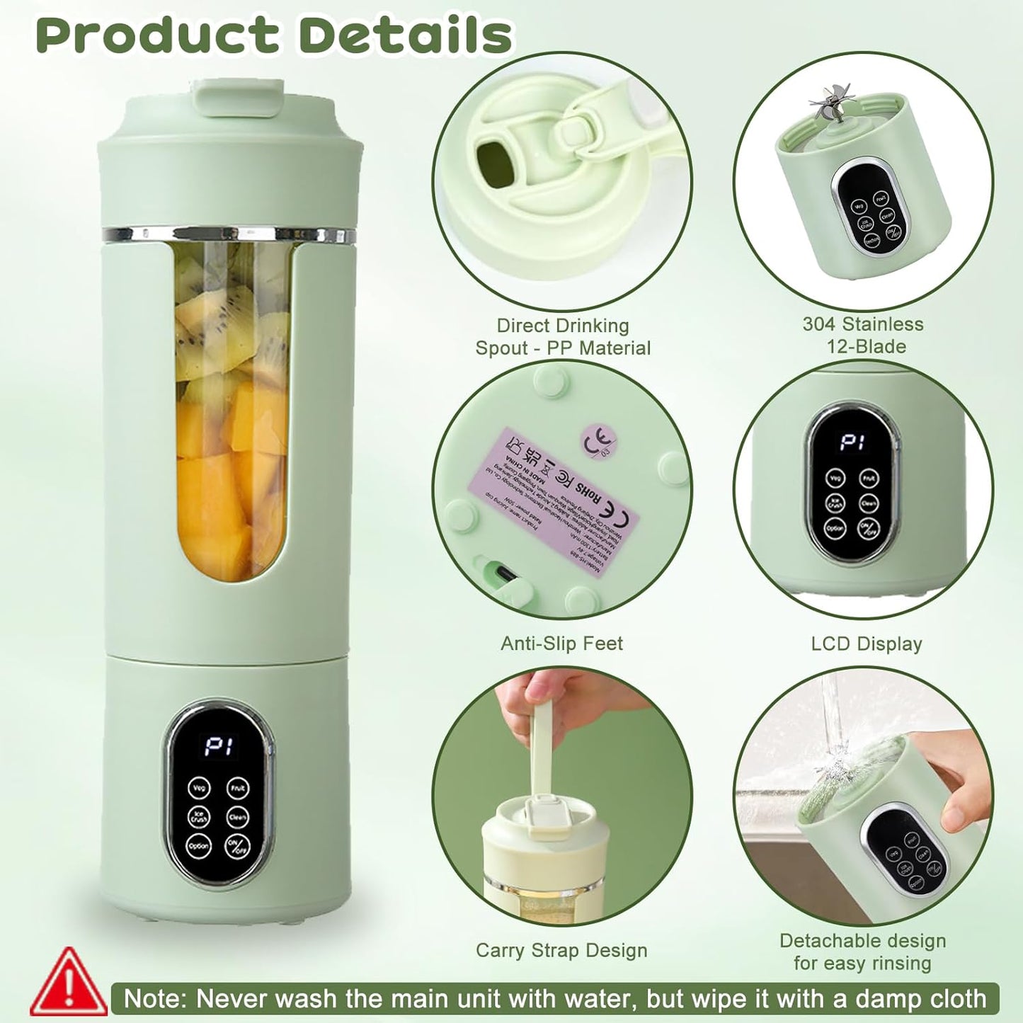 Portable Blender, 530Ml Fruit Smoothie Blender, Cordless Mini Blender, Rechargeable Portable Juicer Cup Strong Cutting Power with 12 Blades, for Home, Sport, Office