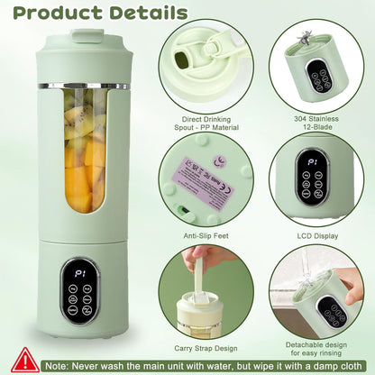 Portable Blender, 530Ml Fruit Smoothie Blender, Cordless Mini Blender, Rechargeable Portable Juicer Cup Strong Cutting Power with 12 Blades, for Home, Sport, Office