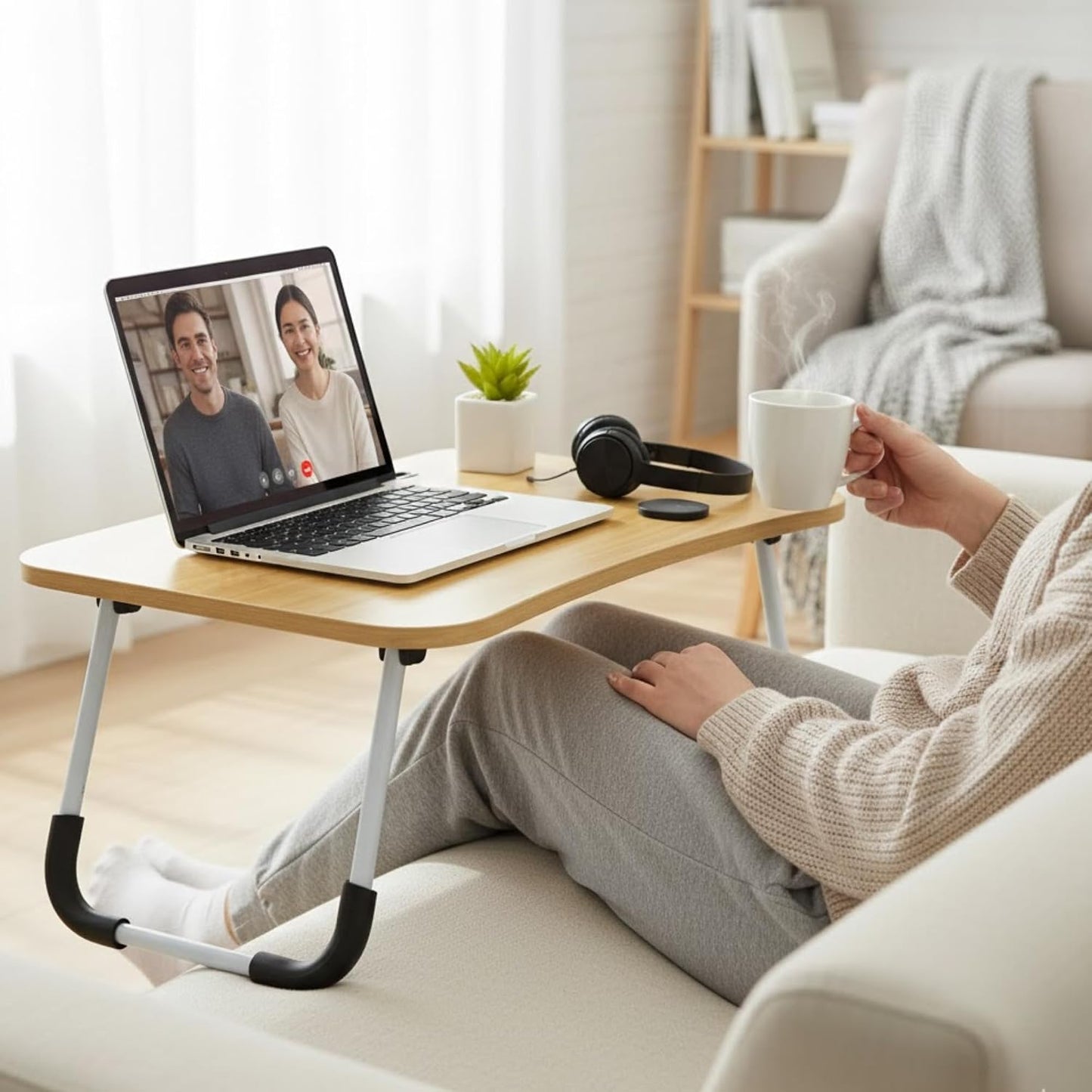 Foldable Laptop Table, Bed Table – Bed Desk Stand with Foldable Legs & Cup Slot Notebook Stand Computer Laptop Bed Table Laptops Tray for Sofa Bed (Oak Wood)