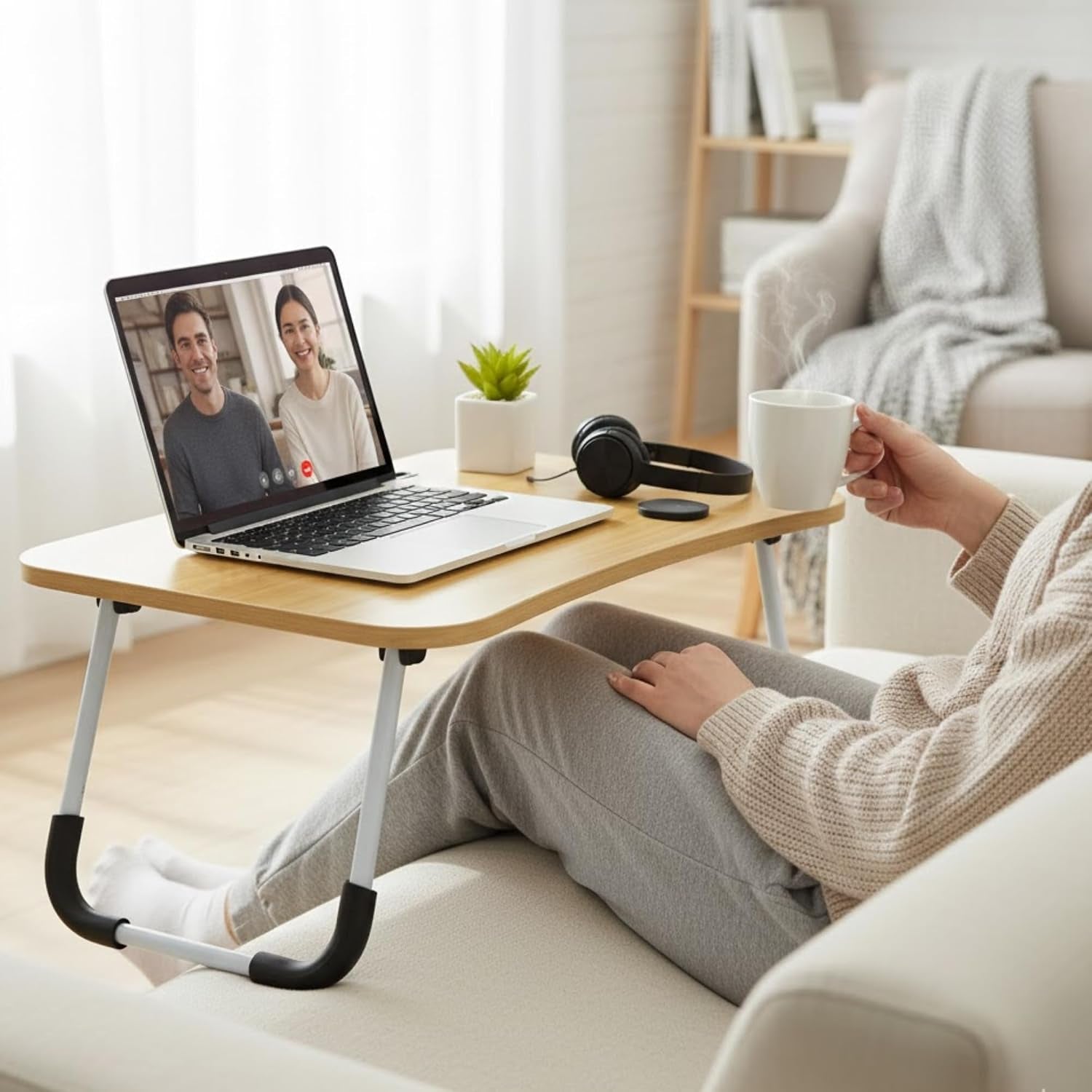 Foldable Laptop Table, Bed Table – Bed Desk Stand with Foldable Legs & Cup Slot Notebook Stand Computer Laptop Bed Table Laptops Tray for Sofa Bed (Oak Wood)