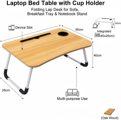 Foldable Laptop Table, Bed Table – Bed Desk Stand with Foldable Legs & Cup Slot Notebook Stand Computer Laptop Bed Table Laptops Tray for Sofa Bed (Oak Wood)