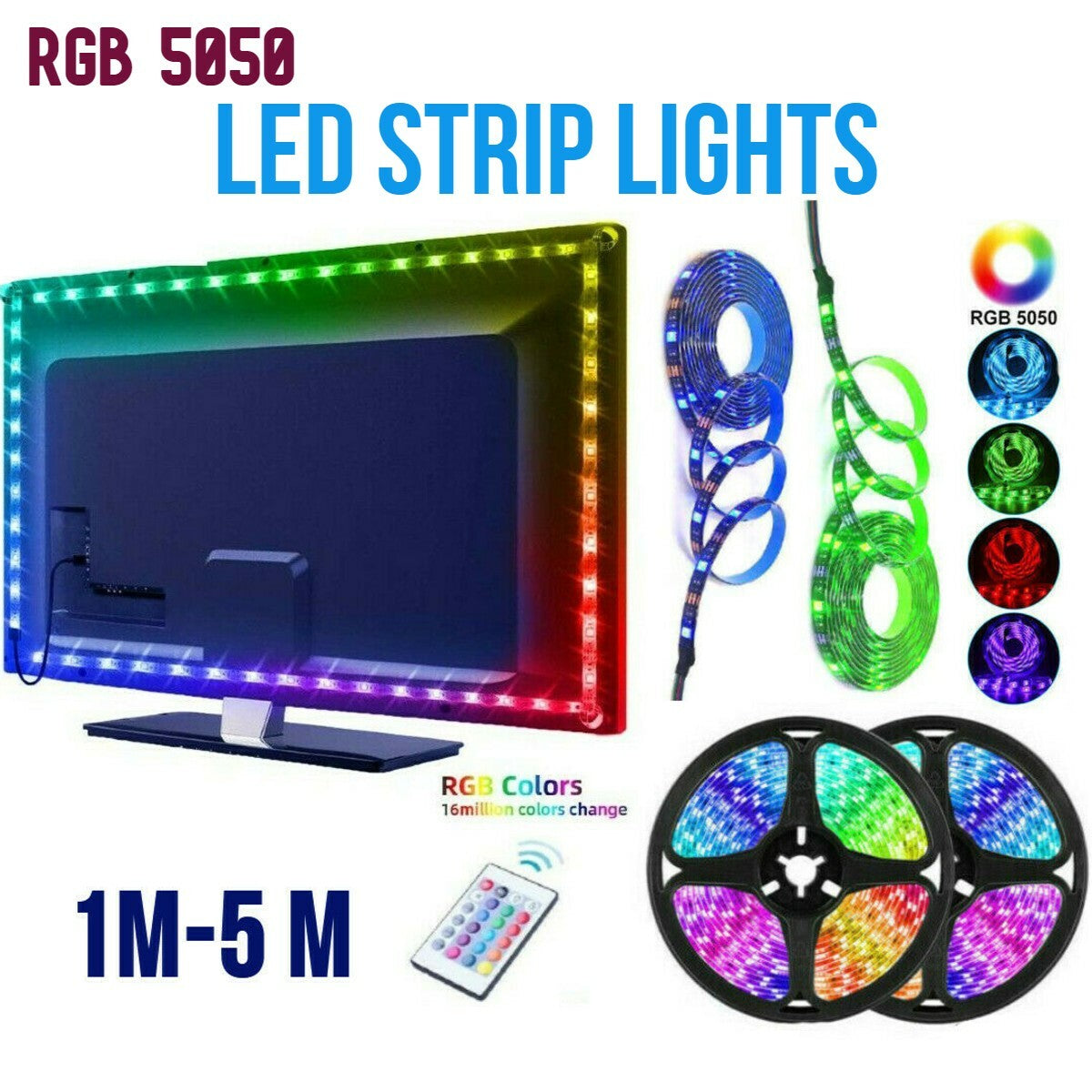 LED Strip Lights 1- 5M RGB 5050 Colour Changing Tape Cabinet Kitchen TV Lighting